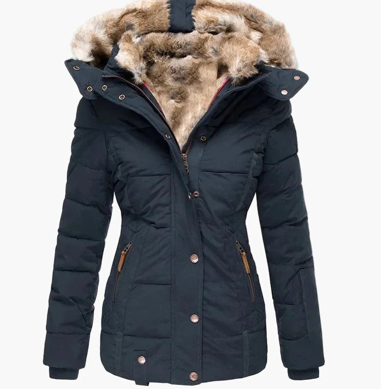 Chaqueta de Invierno para Mujer Elegante con Capucha y Piel – Corte Entallado y Estilo Urbano