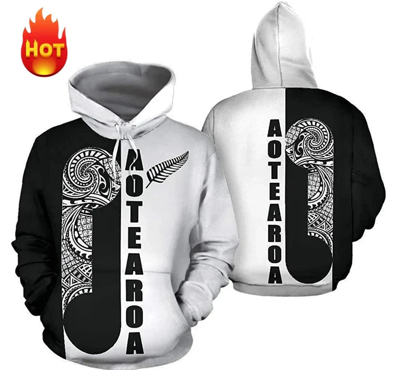 Printed tribal hoodie with sea turtle or manta ray motif, relaxed fit