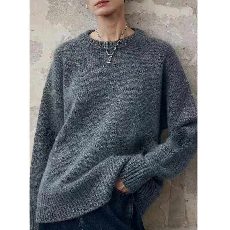 Luźny damski sweter z dzianiny z okrągłym dekoltem, brązowy