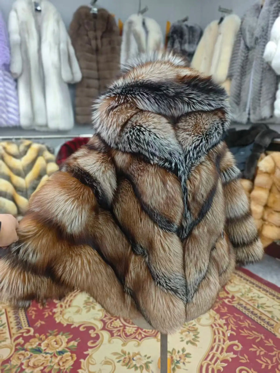 Cappotto caldo da donna con cappuccio in pelliccia sintetica, maniche lunghe e motivo a chevron