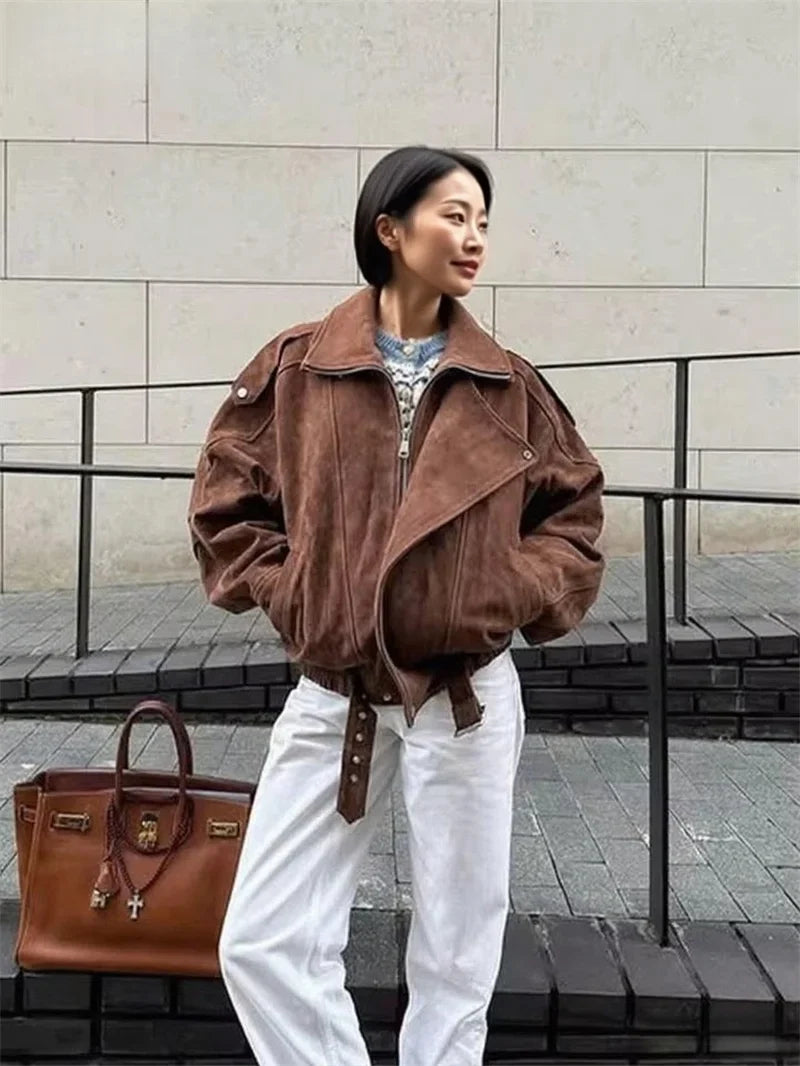 Women's oversized aviator jacket in dark brown with asymmetrical closure