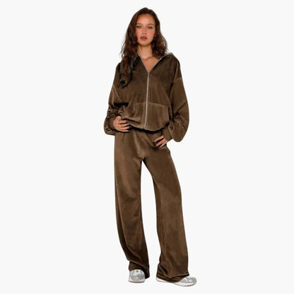 Ensemble Décontracté Style Coréen Femme – Veste à Capuche Zippée et Pantalon Large