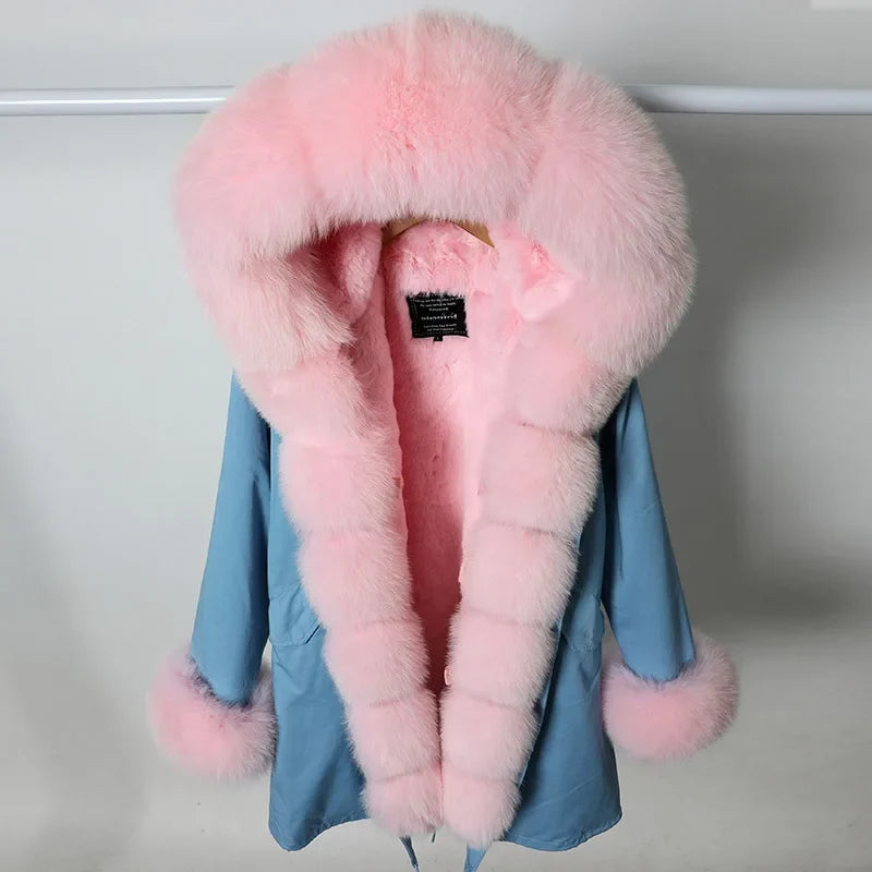 Parka invernale da donna con cappuccio, pelliccia rosa e fodera calda