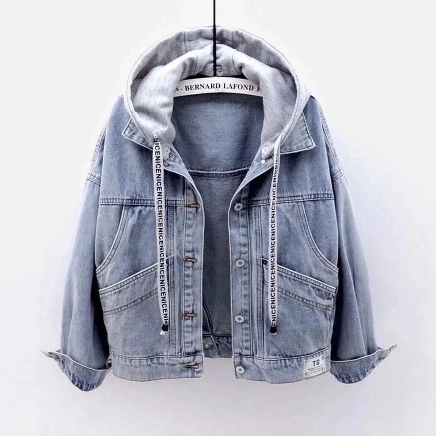 Women's Gray Washed Denim Jacket with Integrated Hood