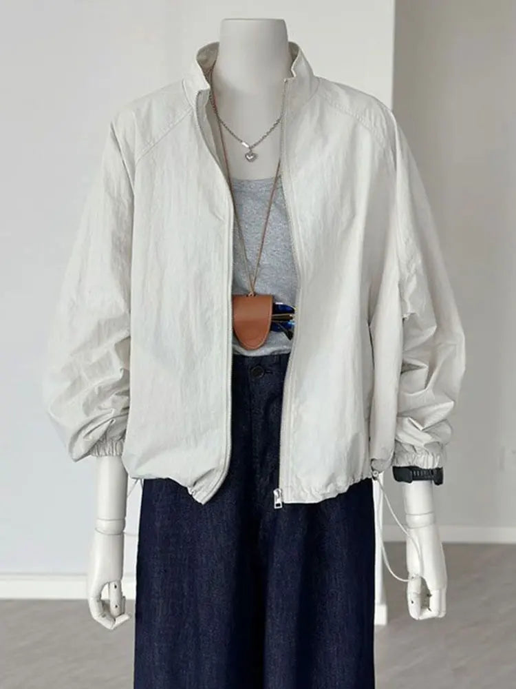 Women's Lightweight High-Collar Zip-Up Jacket with Puff Sleeves