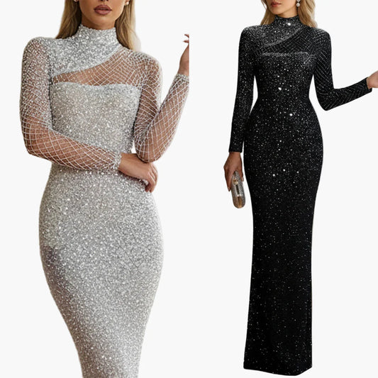Lang, elegant paljettkveldskjole for kvinner med lange ermer, glamorøs stil for spesielle anledninger
