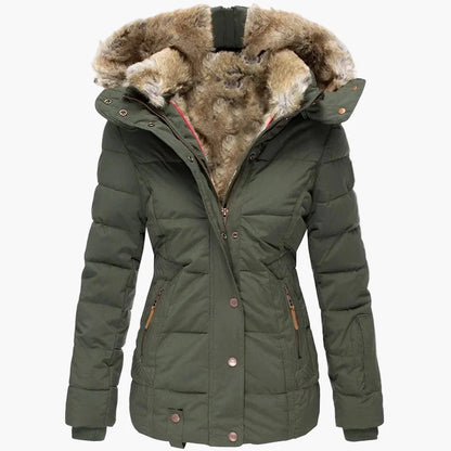 Vinterjakke til dame med hette, elegant urban stil, innsvingt passform, pelskrage og glidelåslukking