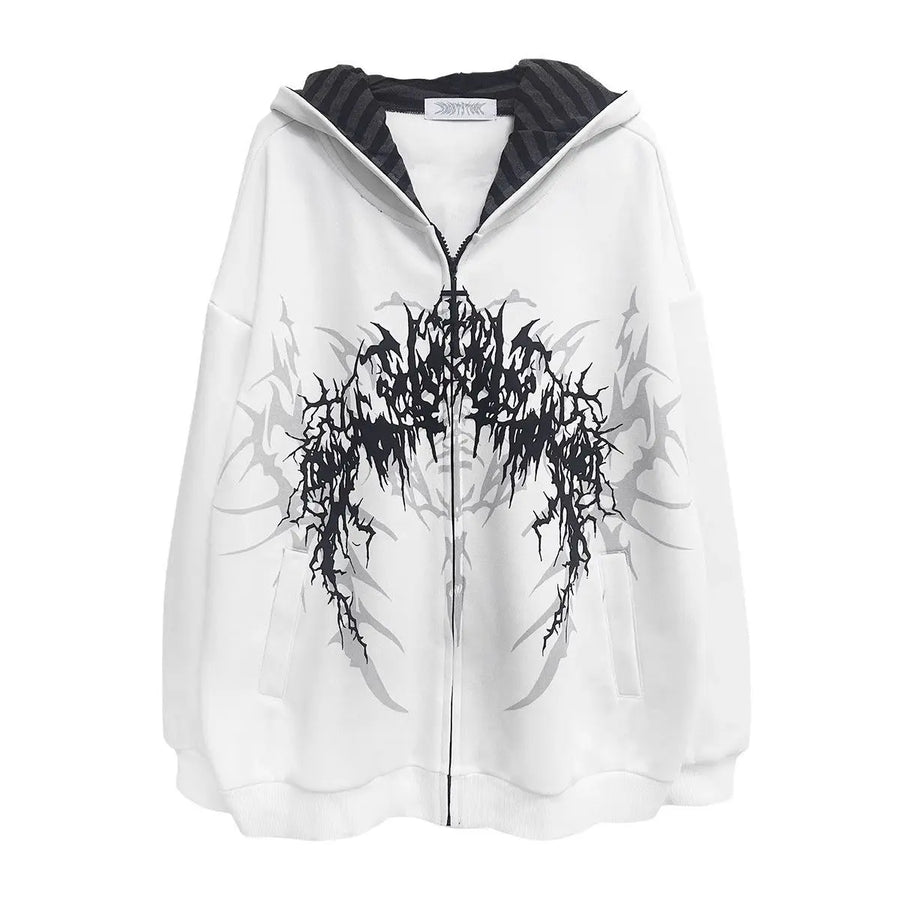 Felpa oversize nera con cappuccio, zip e stampa gotica