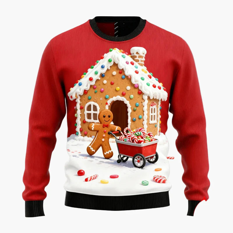Maglione di Natale uomo stile divertente con motivi di pan di zenzero e decorazioni festive per le feste