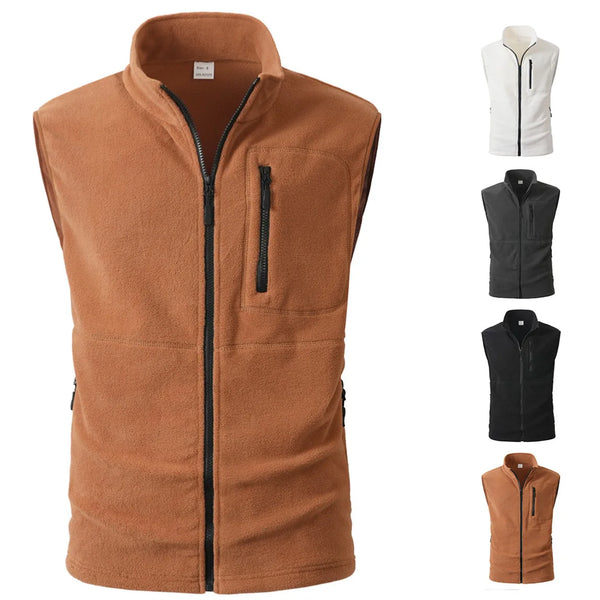 Men's zip-up sleeveless fleece vest with a stand-up collar and pockets