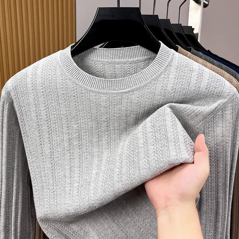 Pull léger homme col rond maille texturée gris clair uni