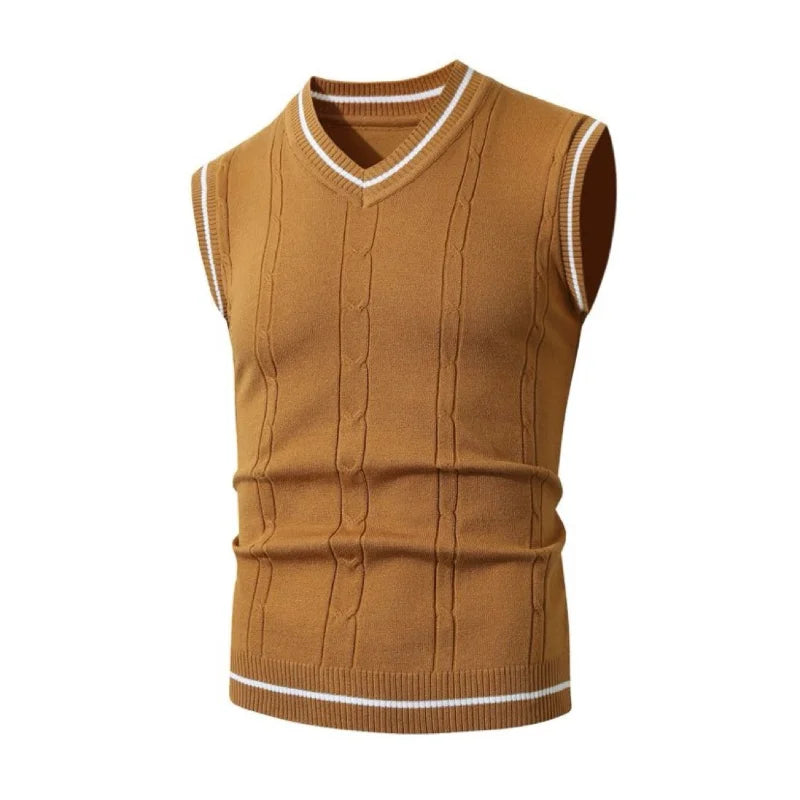Gilet Sans Manches Homme Col V Pull en Maille Torsadée Tricoté avec Bandes
