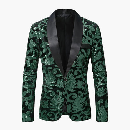 Herrfestkavaj i smokingstil med broderade mönster, perfekt för eleganta evenemang och fester