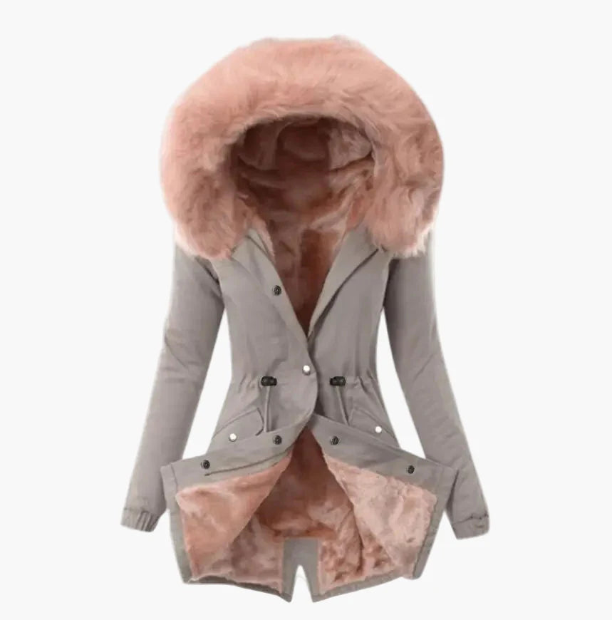 Cappotto invernale donna elegante con cappuccio ampio foderato stile urbano caldo