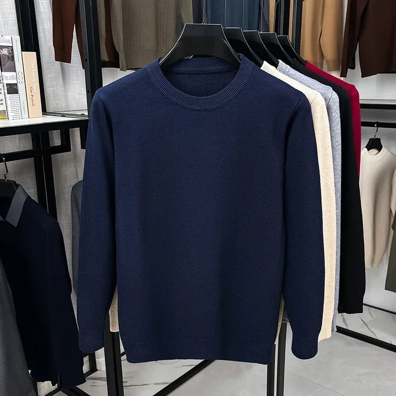 Jersey de hombre de cuello redondo, punto fino, beige jaspeado y mangas largas