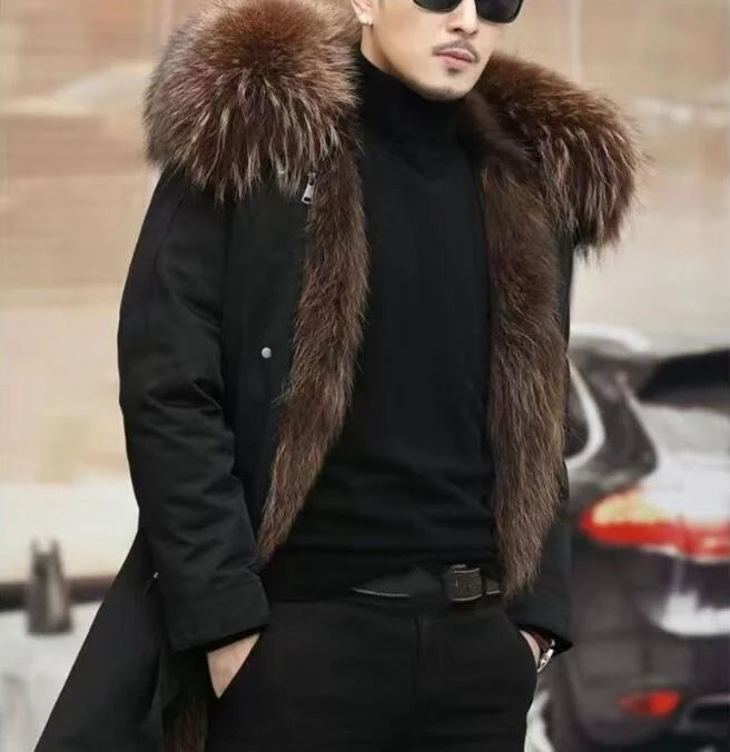 Parka nero da uomo con fodera spessa in finta pelliccia e cappuccio con bordo in pelliccia