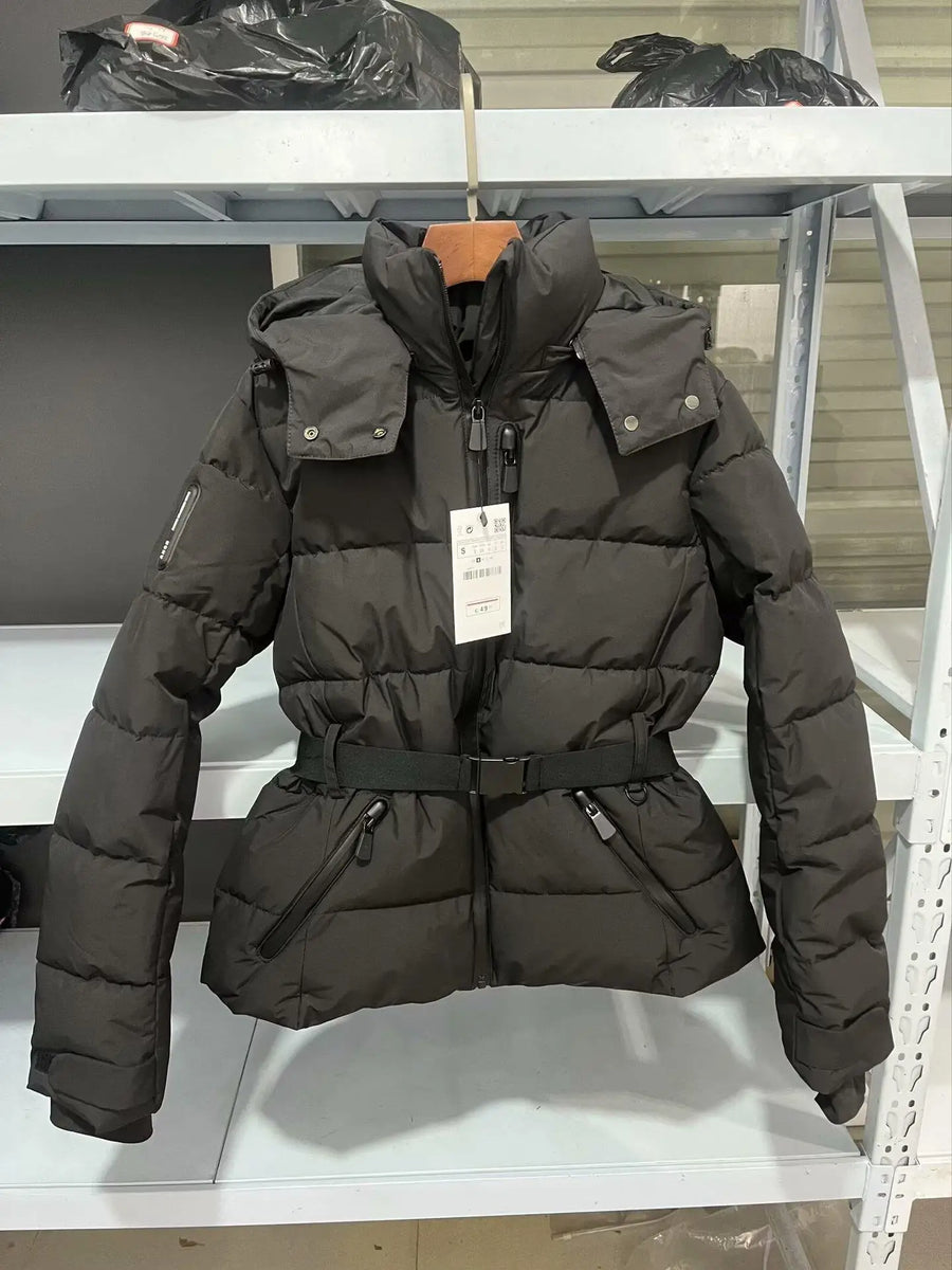 Women's quilted puffer jacket with a removable hood and gold elastic belt