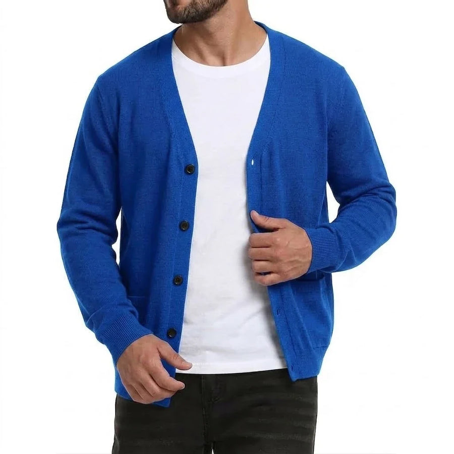 Cardigan da uomo con scollo a V, bottoni, lavorazione a maglia tinta unita, maniche lunghe e tasche