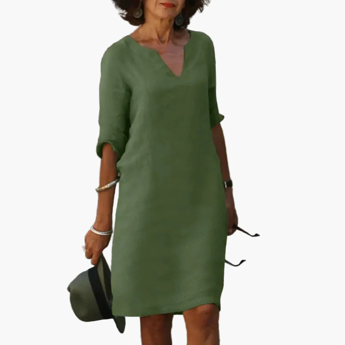Robe Femme Élégante Décontractée à Col V et Manches 3/4 – Style Polyvalent pour Bureau et Loisirs