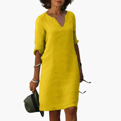 Robe Femme Élégante Décontractée à Col V et Manches 3/4 – Style Polyvalent pour Bureau et Loisirs