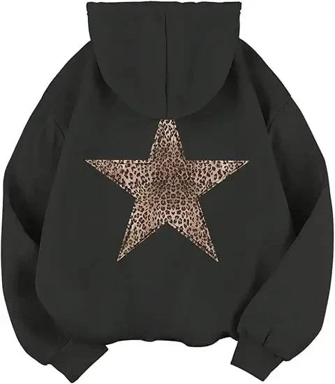 Sudadera holgada de mujer con capucha y motivo de estrella de leopardo en la espalda, varios colores disponibles