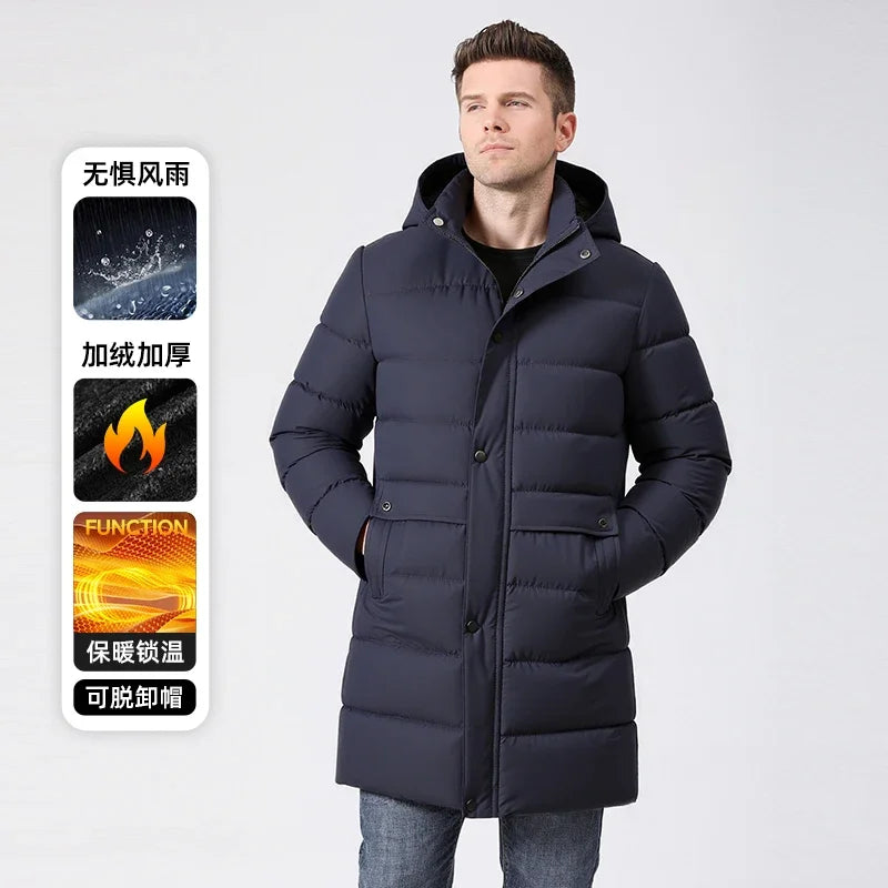 Abrigo largo acolchado de hombre con capucha desmontable, impermeable y cortavientos