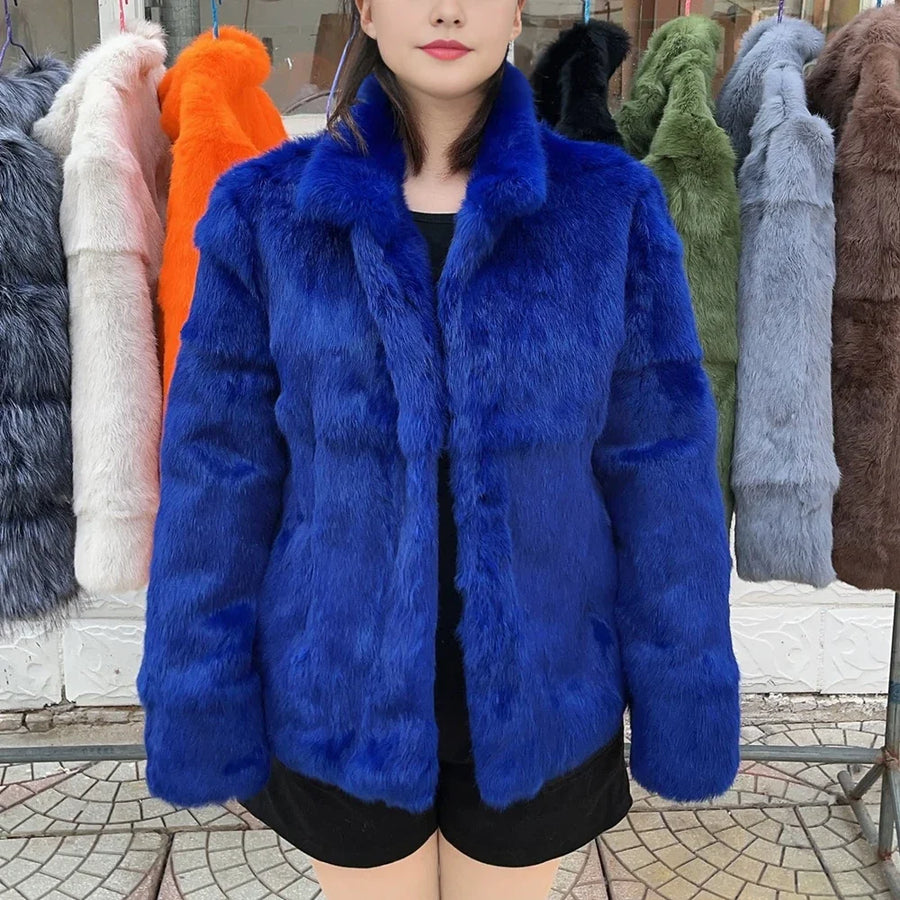 Veste courte femme en fourrure synthétique élégante, col montant, manches longues