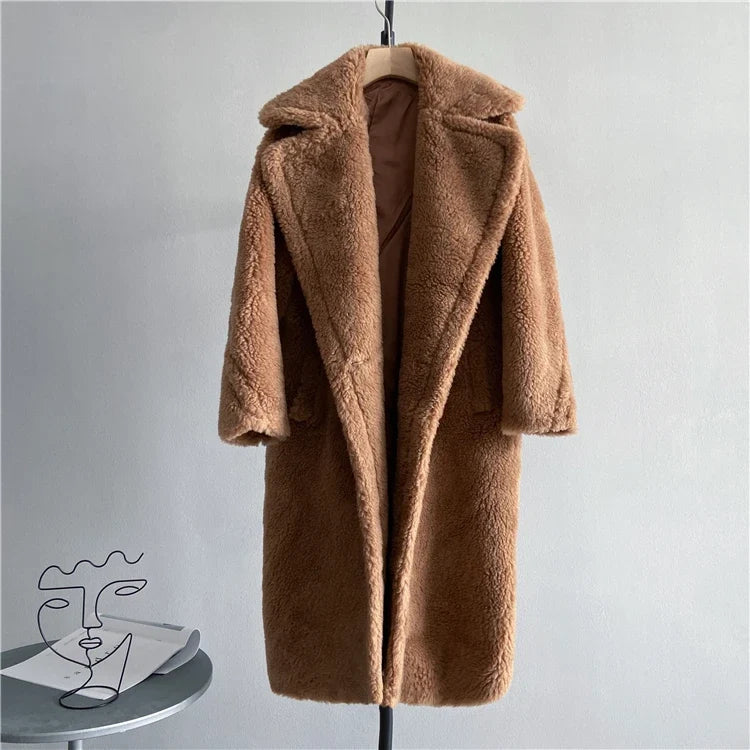 Manteau long femme teddy effet mouton marron chaud