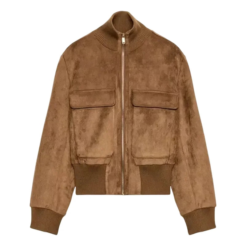 Blouson Bomber Femme Courte Effet Daim Kaki avec Fermeture Éclair et Poches