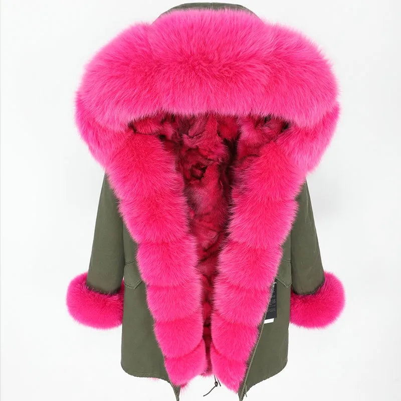 Parka invernale da donna con cappuccio, pelliccia rosa e fodera calda