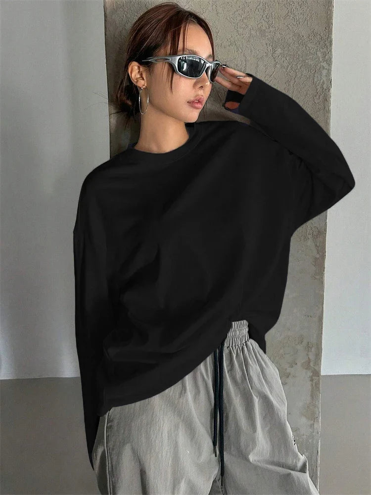 Damen-Oversize-T-Shirt mit langen Ärmeln, Rundhalsausschnitt und einfarbigem Design