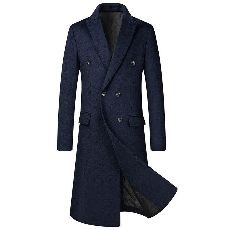 Abrigo largo gris para hombre con doble botonadura y estilo clásico
