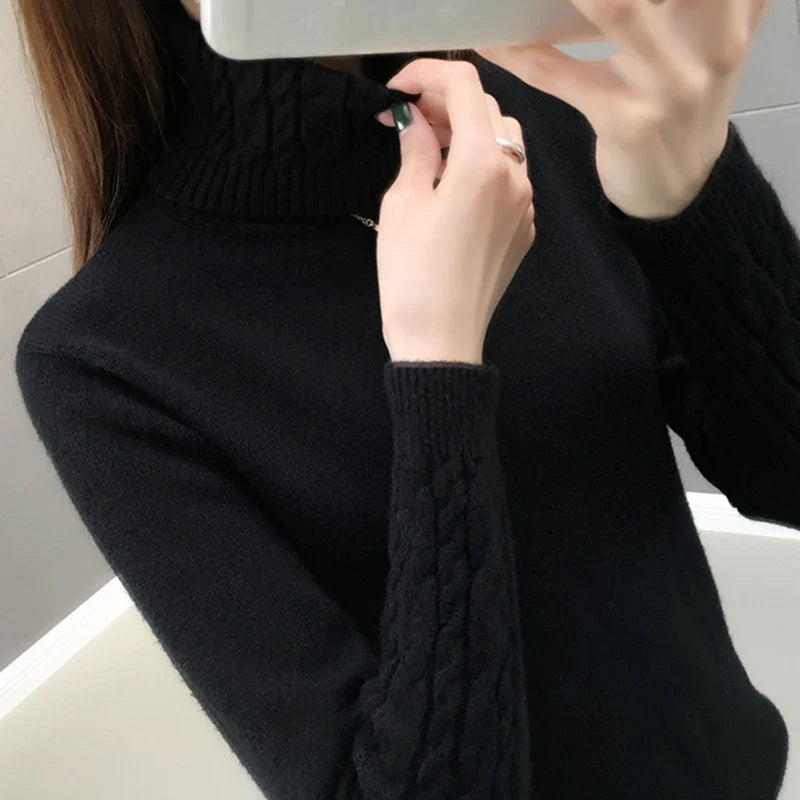 Women's light gray twisted ribbed-knit turtleneck sweater