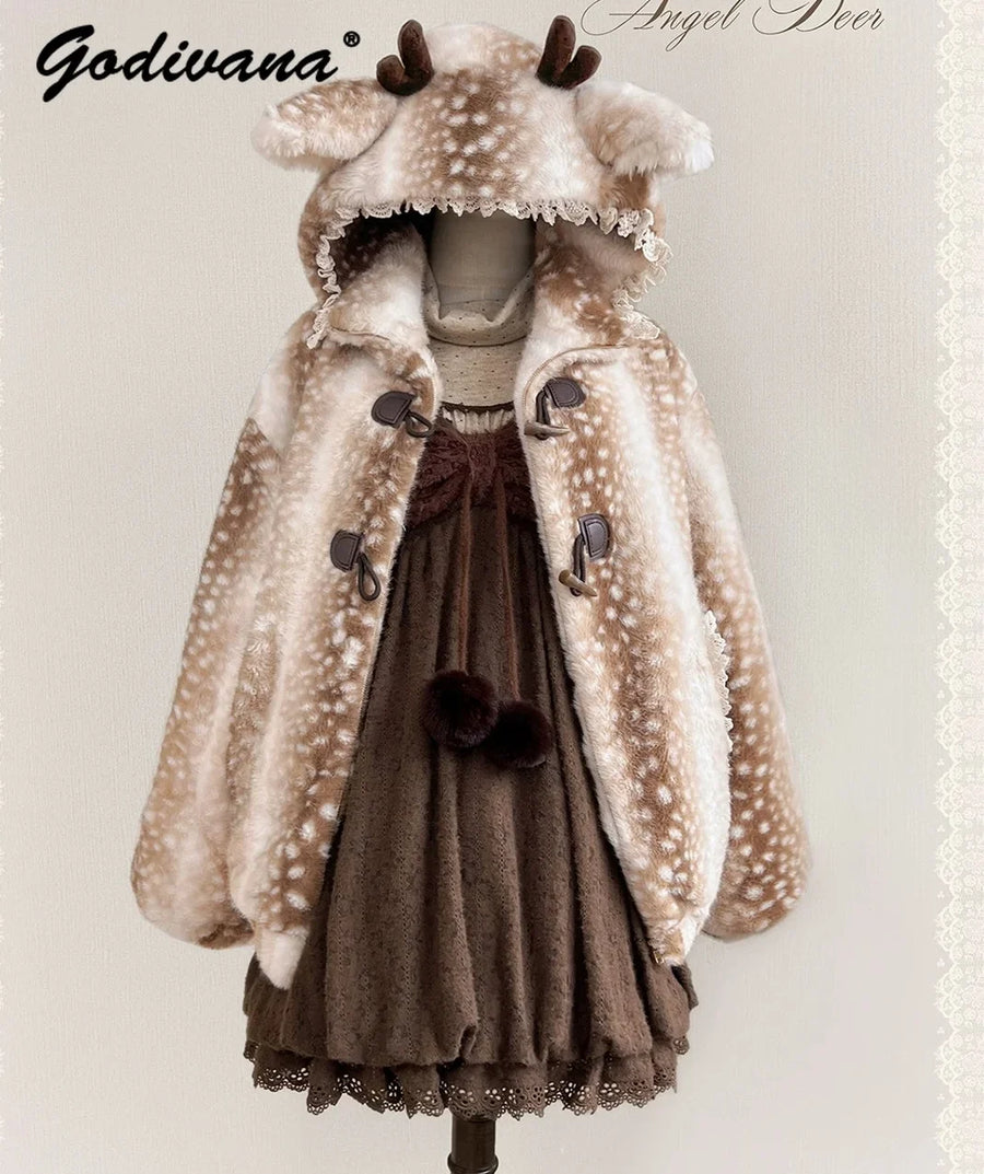 Women's Beige and White Deer-Print Faux Fur Hooded Coat