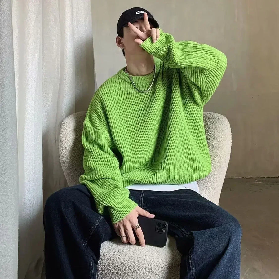 Pull ample à col rond et maille côtelée pour homme, décontracté, diverses couleurs