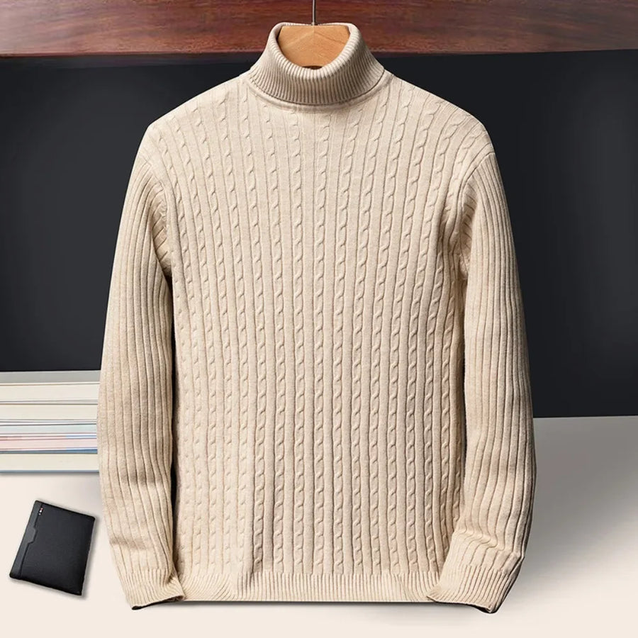Pull Col Roulé Homme Torsadé Tricoté Couleur Unie Manches Longues