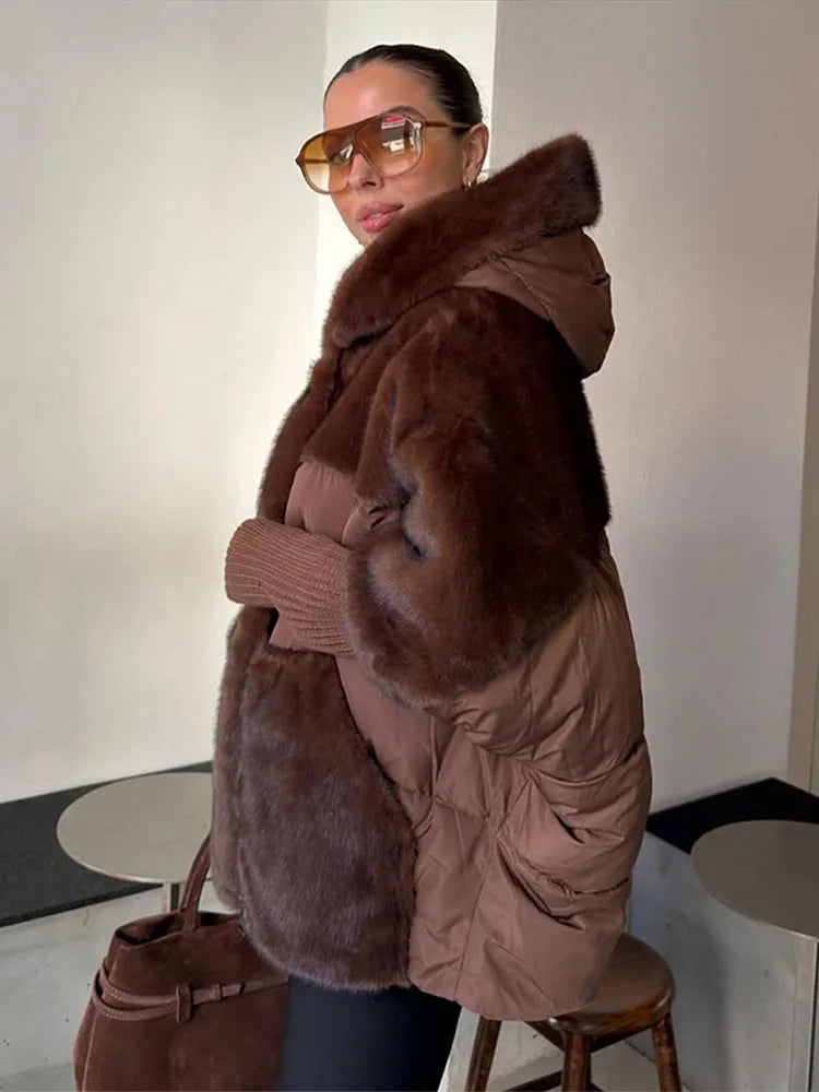 Manteau Femme Hiver Doux Capuche Panneaux Fausse Fourrure Matelassé Manches Longues