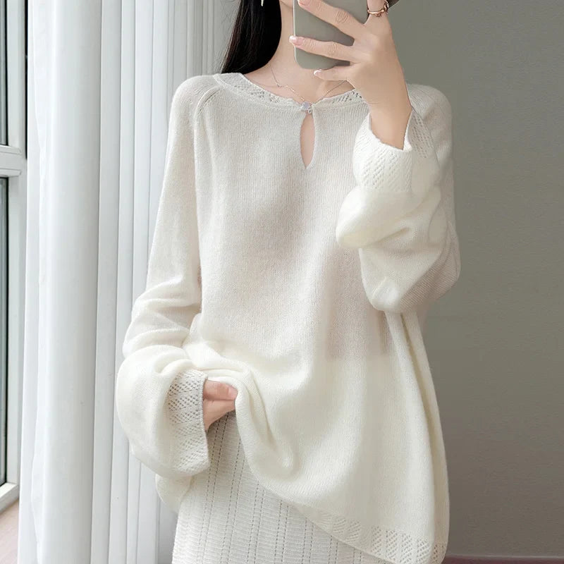 Pull en maille doux pour femme Col rond Manches longues Rose clair