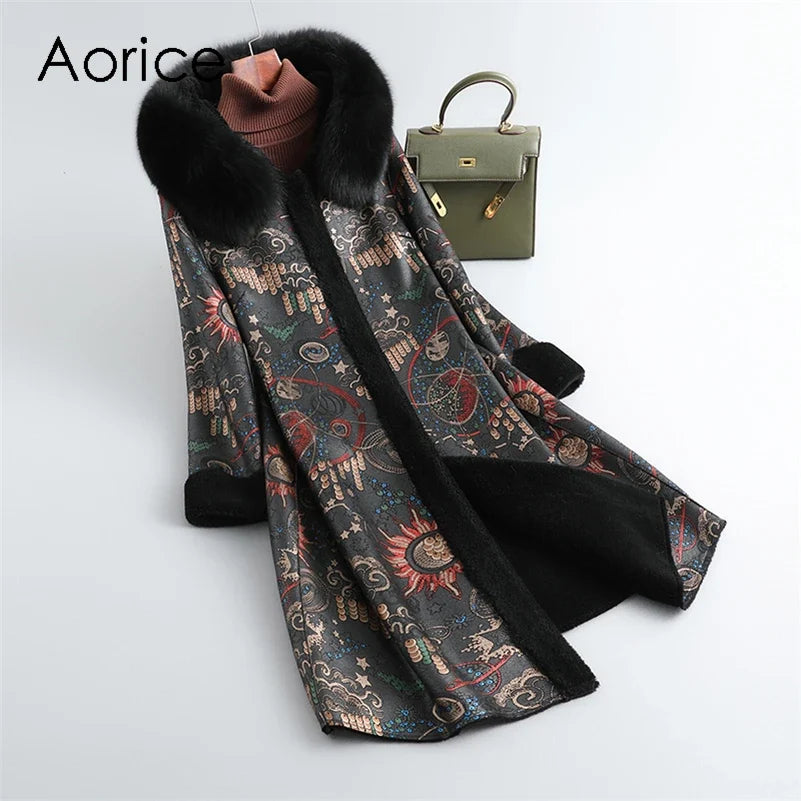 Women's Long Printed Coat with Black Fur-Look Collar and Trim