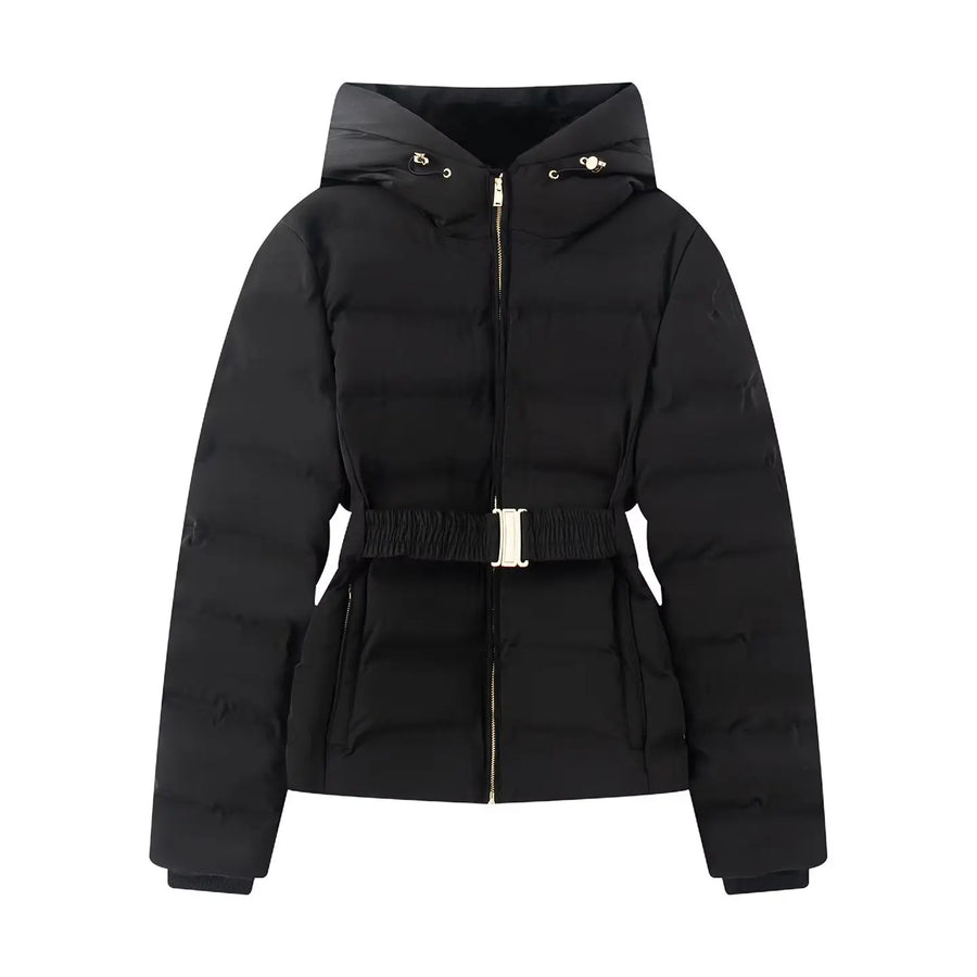 Women's quilted puffer jacket with a removable hood and gold elastic belt