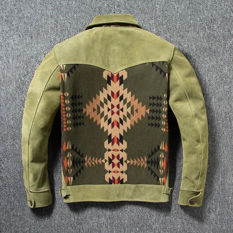 Veste Homme Patchwork Motifs Géométriques Col Chemise Boutons Style Western Beige