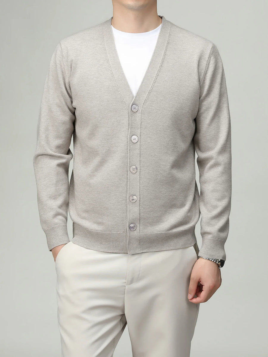Chaleco cardigan ligero de color liso para hombre con cuello de pico, botones y mangas largas