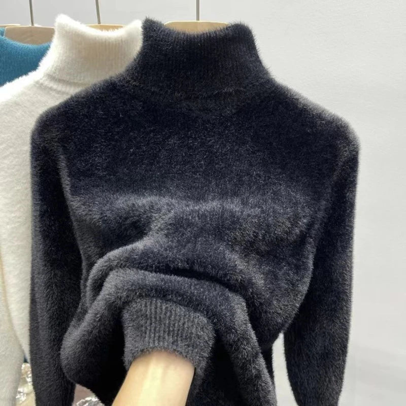 Pull col roulé doux et chaud en tissu effet peluche pour femme