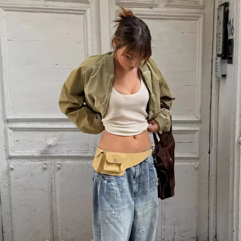 Blouson Bomber Femme Court Vert Kaki Col Relevé Manches Longues