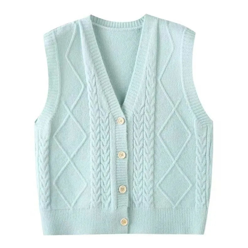 Gilet smanicato da donna in maglia lavorata a punto rasato con scollo a V e bottoni