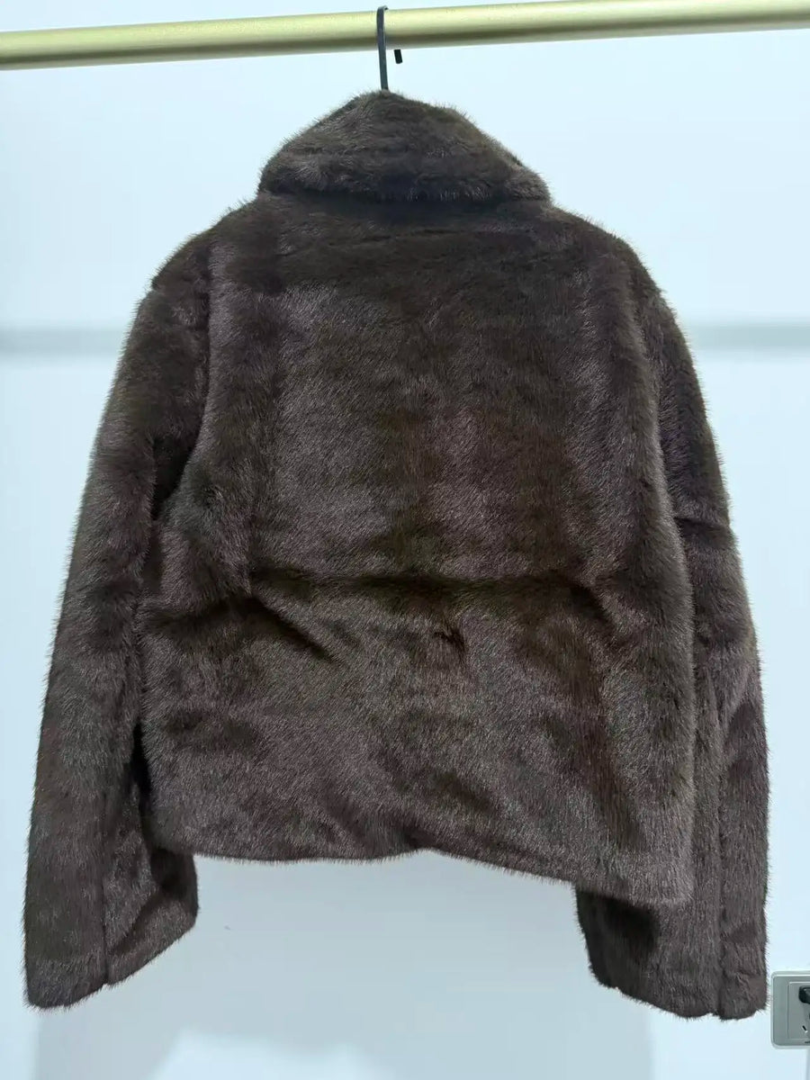 Chaqueta corta de piel sintética para mujer, cuello clásico y mangas largas