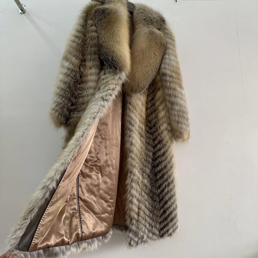 Manteau long pour femme en fausse fourrure à motif chevrons et col large