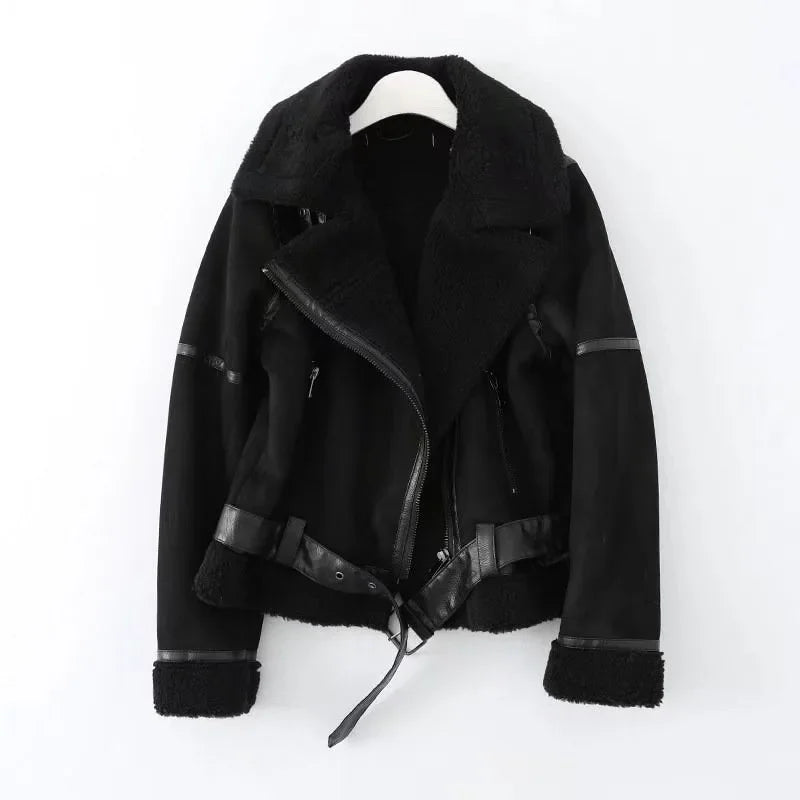 Women's Biker Aviator Jacket with Faux-Fur Collar and Lining - Black or Brown