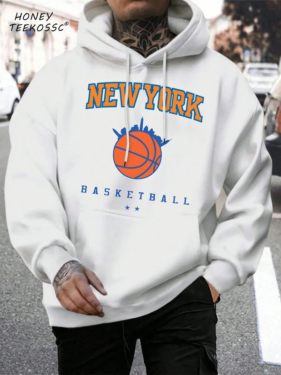Unisex hættetrøje med New York Brooklyn-basketballprint og kængurulomme