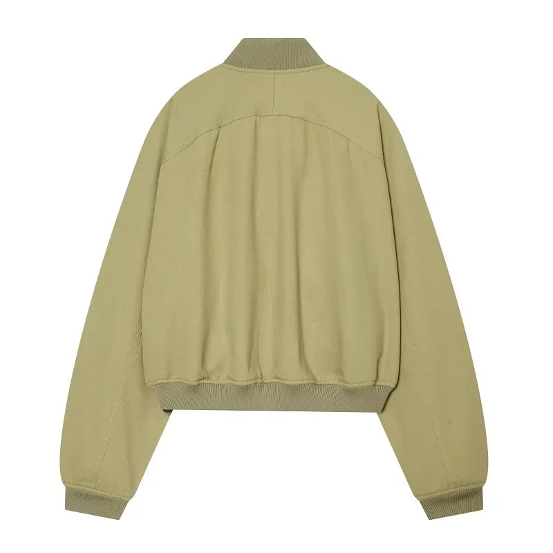 Blouson Bomber Femme Court Vert Kaki Col Relevé Manches Longues